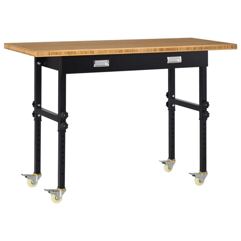 59" Garage Work Bench with Drawer and Wheels, Height Adjustable Legs, Bamboo Tabletop Workstation Tool Table