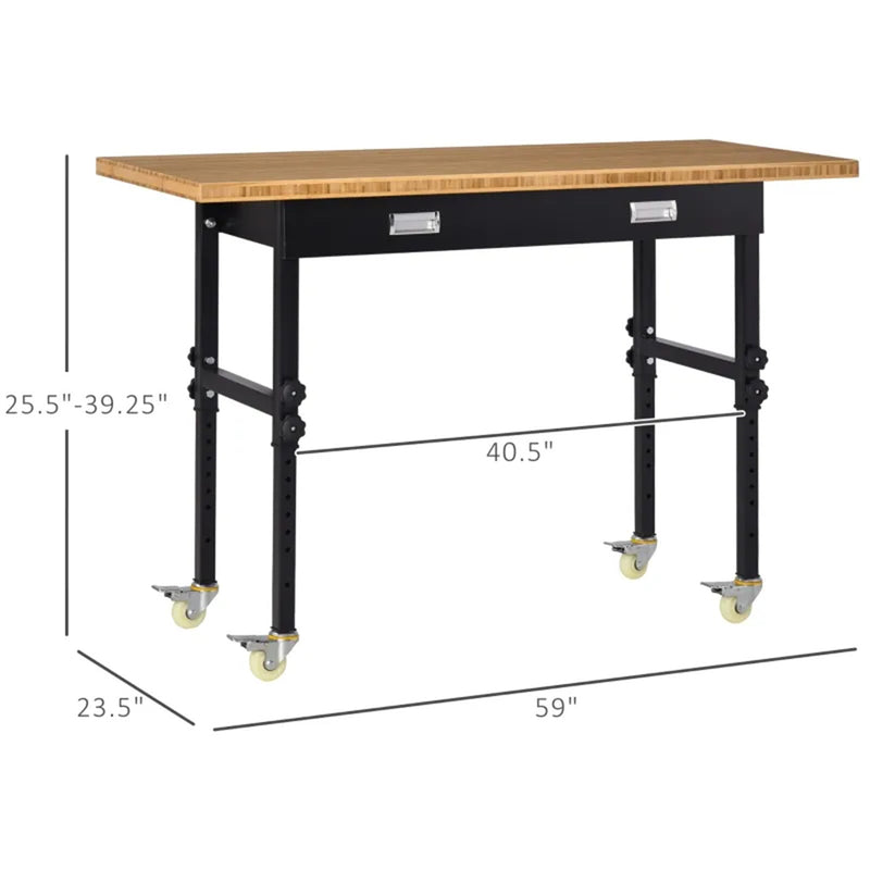 59" Garage Work Bench with Drawer and Wheels, Height Adjustable Legs, Bamboo Tabletop Workstation Tool Table