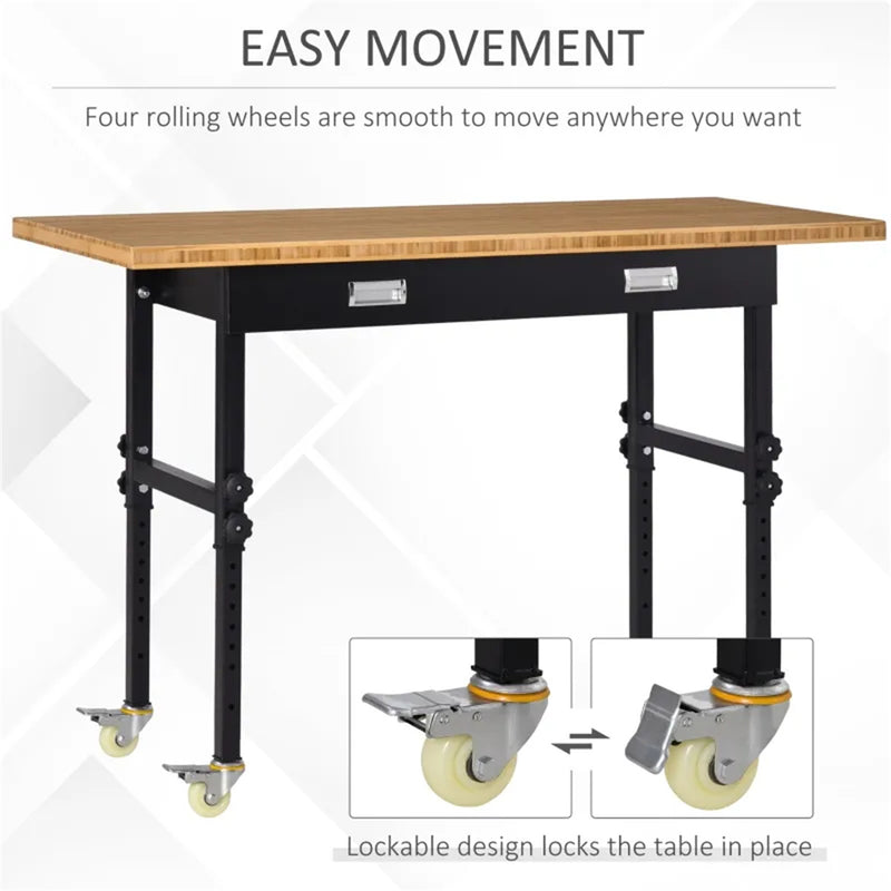 59" Garage Work Bench with Drawer and Wheels, Height Adjustable Legs, Bamboo Tabletop Workstation Tool Table