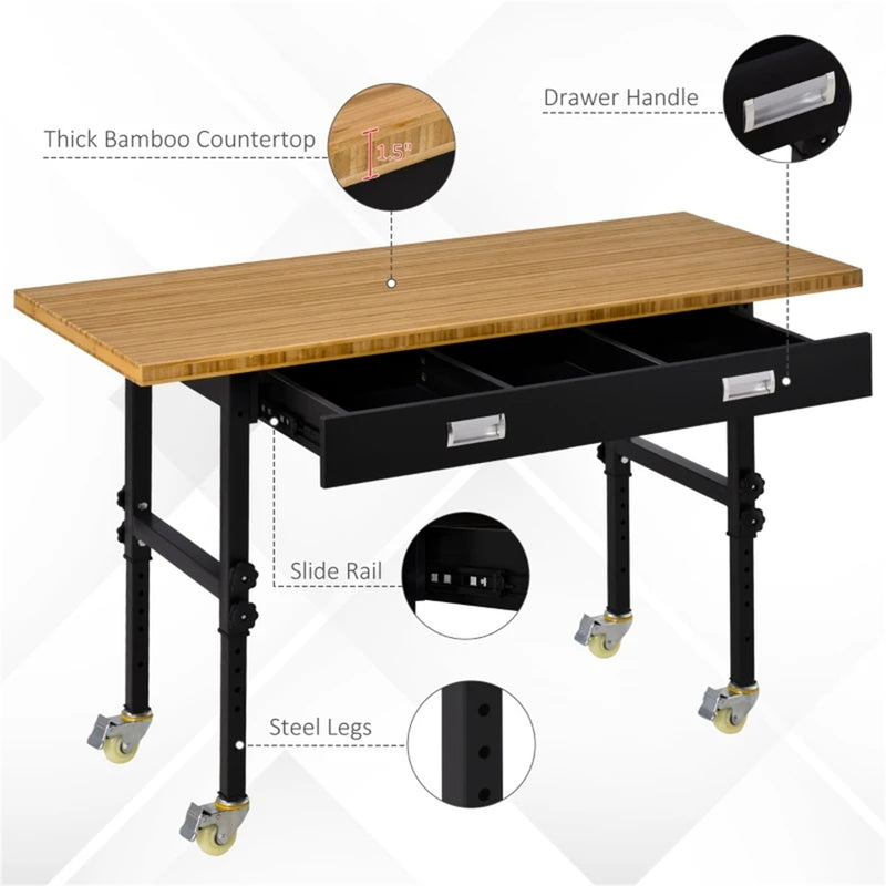 59" Garage Work Bench with Drawer and Wheels, Height Adjustable Legs, Bamboo Tabletop Workstation Tool Table