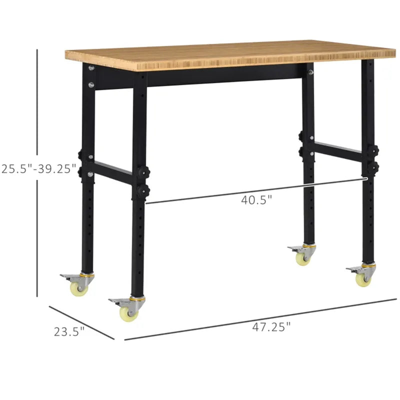 47 Inch Garage Workbench with Wheels Height Adjustable Bamboo Tabletop Tool Table