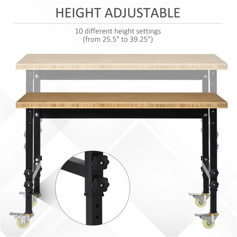 47 Inch Garage Workbench with Wheels Height Adjustable Bamboo Tabletop Tool Table