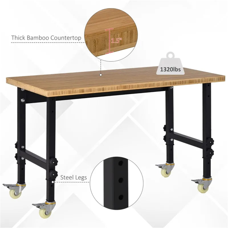 47 Inch Garage Workbench with Wheels Height Adjustable Bamboo Tabletop Tool Table