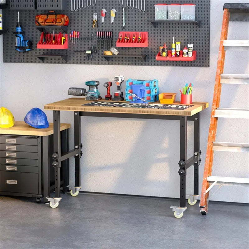 47 Inch Garage Workbench with Wheels Height Adjustable Bamboo Tabletop Tool Table