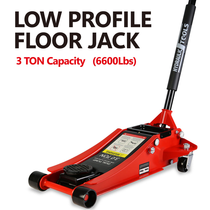 Hydraulic Low Profile Steel Racing Floor Jack with Dual Piston Quick Lift Pump, 3 Ton 6600 lb Capacity, Lift Range 3.3" - 18.5"