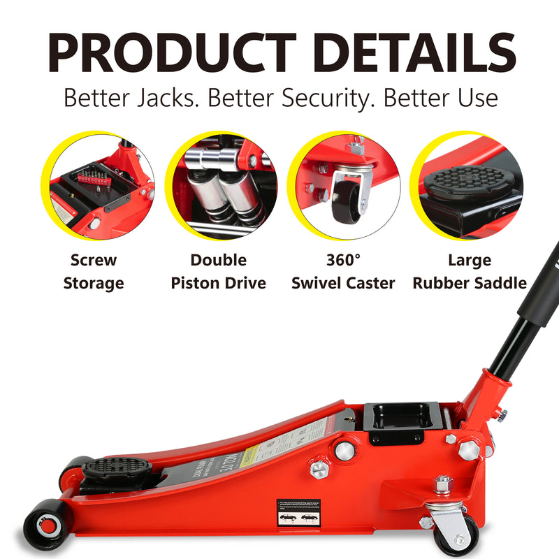 Hydraulic Low Profile Steel Racing Floor Jack with Dual Piston Quick Lift Pump, 3 Ton 6600 lb Capacity, Lift Range 3.3" - 18.5"