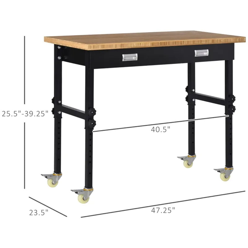 47" Garage Work Bench with Drawer and Wheels Height Adjustable Legs Bamboo Tabletop Workstation Tool Table