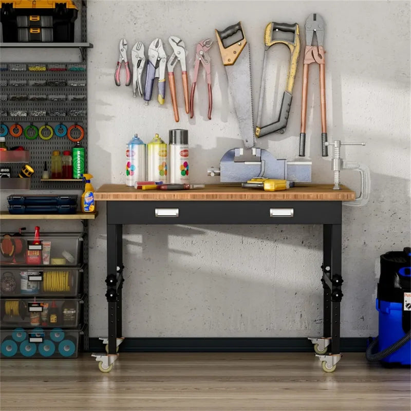 47" Garage Work Bench with Drawer and Wheels Height Adjustable Legs Bamboo Tabletop Workstation Tool Table