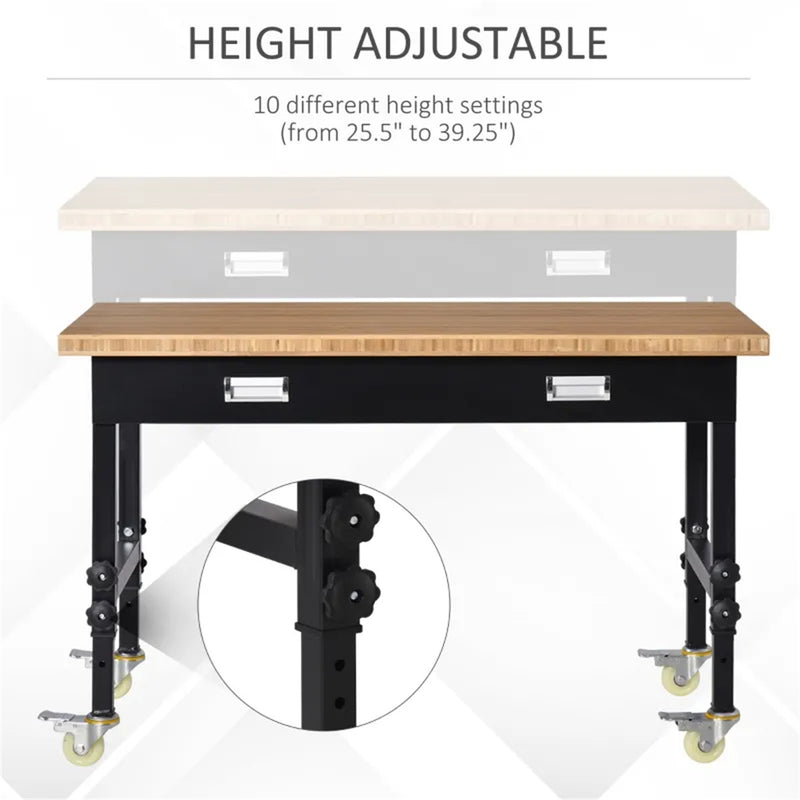 47" Garage Work Bench with Drawer and Wheels Height Adjustable Legs Bamboo Tabletop Workstation Tool Table