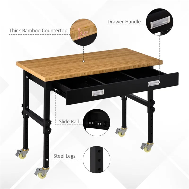 47" Garage Work Bench with Drawer and Wheels Height Adjustable Legs Bamboo Tabletop Workstation Tool Table