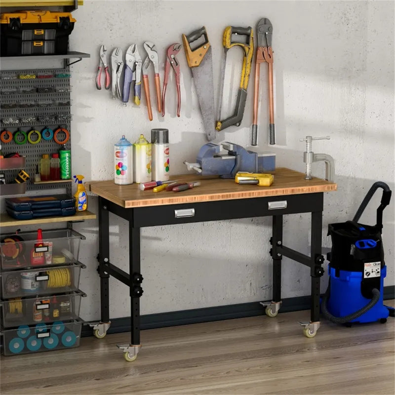 47" Garage Work Bench with Drawer and Wheels Height Adjustable Legs Bamboo Tabletop Workstation Tool Table