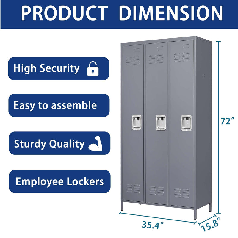 3 Door 72" High Locking Metal Storage Cabinet Grey