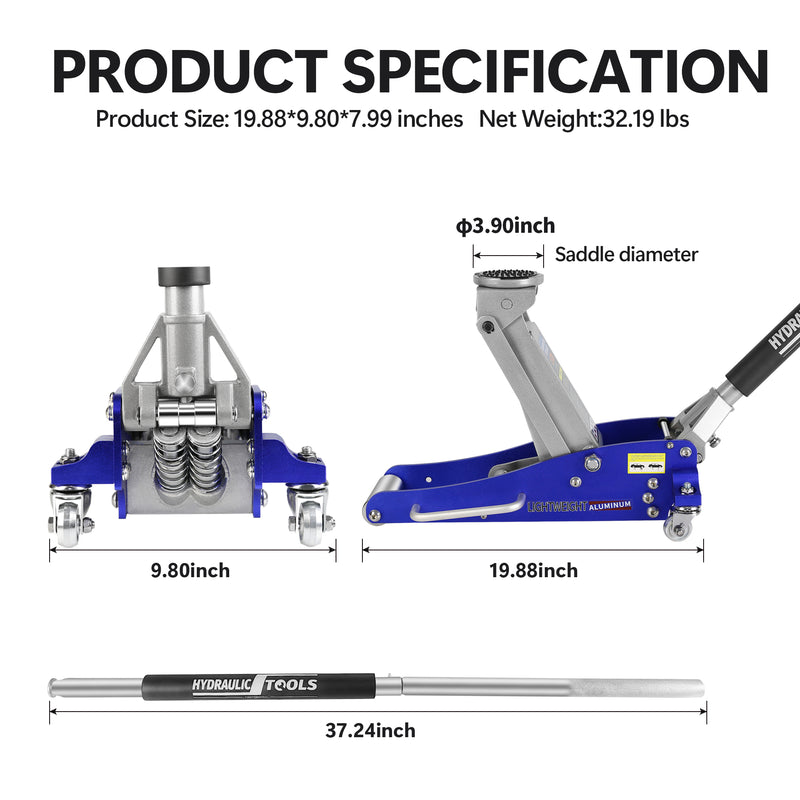 Hydraulic Low Profile Aluminum Steel Racing Floor Jack Dual Piston Quick Lift 1.5 Ton 3000lb Capacity Blue