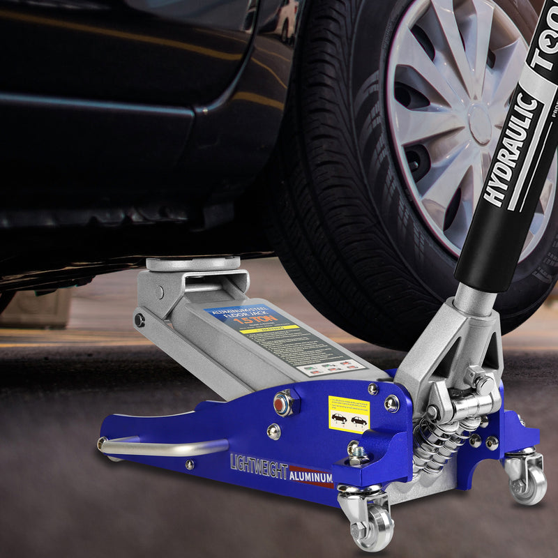 Hydraulic Low Profile Aluminum Steel Racing Floor Jack Dual Piston Quick Lift 1.5 Ton 3000lb Capacity Blue