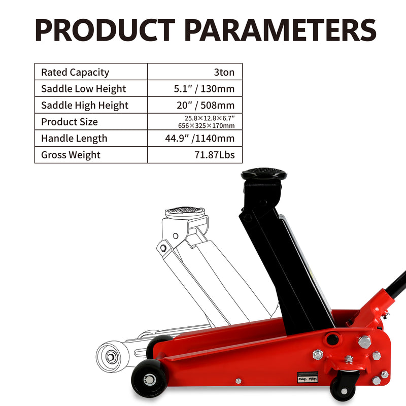 Hydraulic Trolley Low Profile Steel Racing Floor Jack 3Ton 6000lb Capacity Piston Quick Lift 5.1"-20" Lifting Range