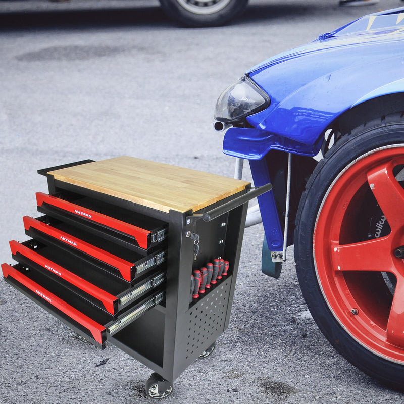 4-Drawer Multifunctional Tool Cart with Wheels and Wooden