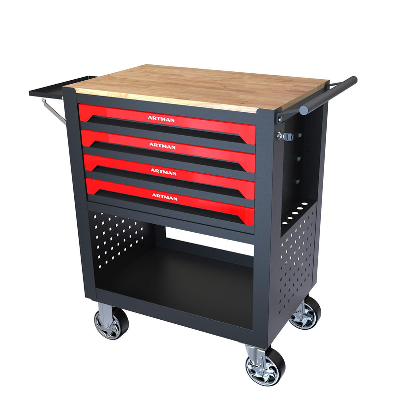 4-Drawer Multifunctional Tool Cart with Wheels and Wooden