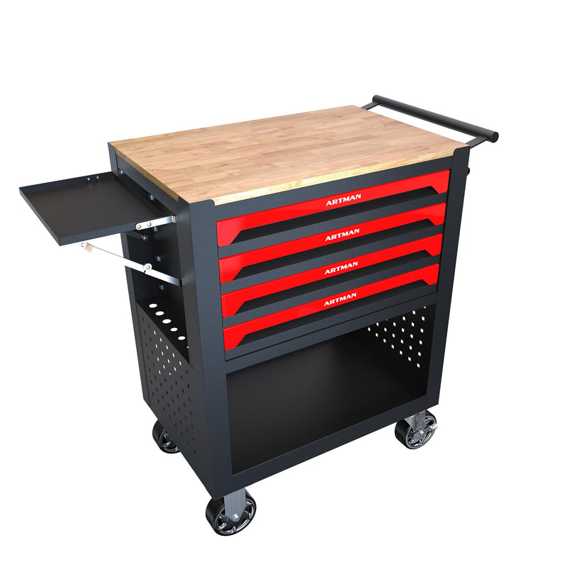 4-Drawer Multifunctional Tool Cart with Wheels and Wooden