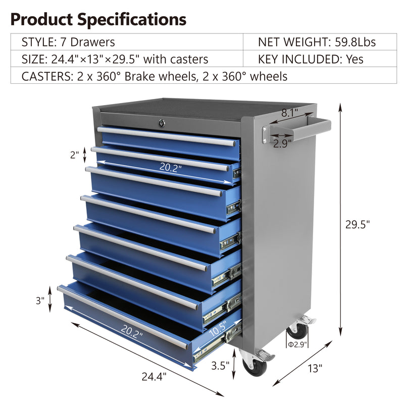 Rolling Tool Chest with 7-Drawer Tool Box with Wheels Multifunctional Tool Cart Mechanic Tool Storage Cabinet