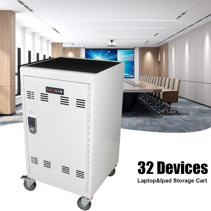 Mobile Charging Cart and Cabinet for Tablets and Laptops with Combination Lock White