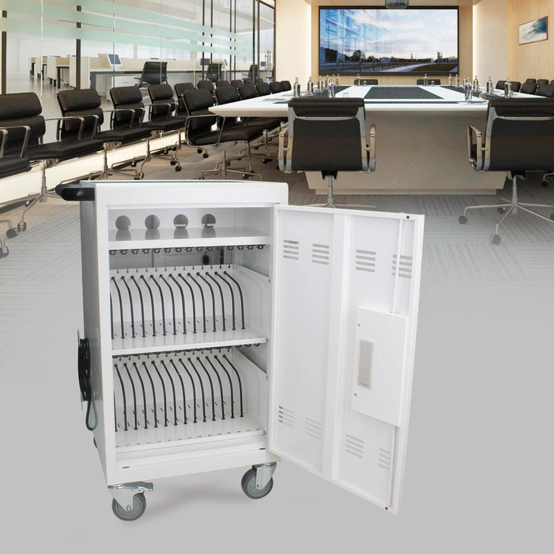 Mobile Charging Cart and Cabinet for Tablets and Laptops with Combination Lock White