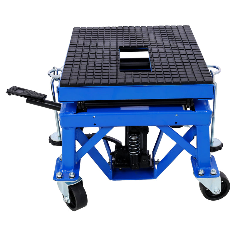 300 lbs Hydraulic Motorcycle Scissor Jack Lift Foot Step Wheels for Small Dirt Bikes,blue color