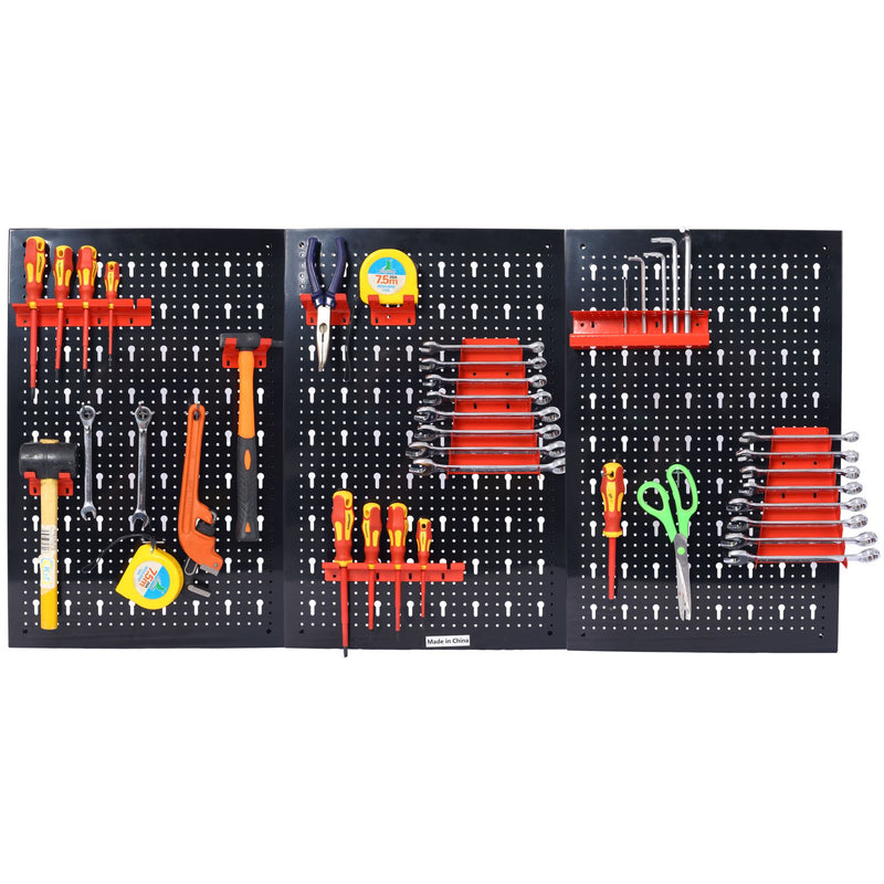 4ft Metal Garage Pegboard Wall Organizer with 3 Pegboards, Drill Bit Rack, Wrench Rack, Hook Accessories for Wall Mounted Tool Storage in Workshop Warehouse