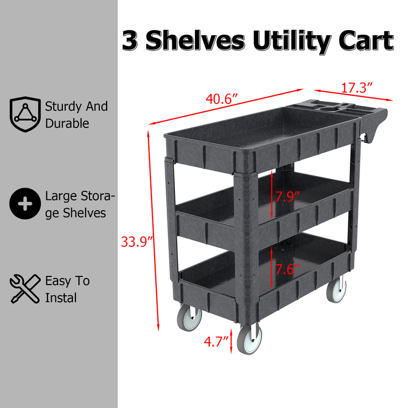 Utility Carts with Wheels 3 Shelf Heavy Duty Plastic Service Cart 600lbs Capacity Ergonomic Handle for Garage Warehouse Office Workshop