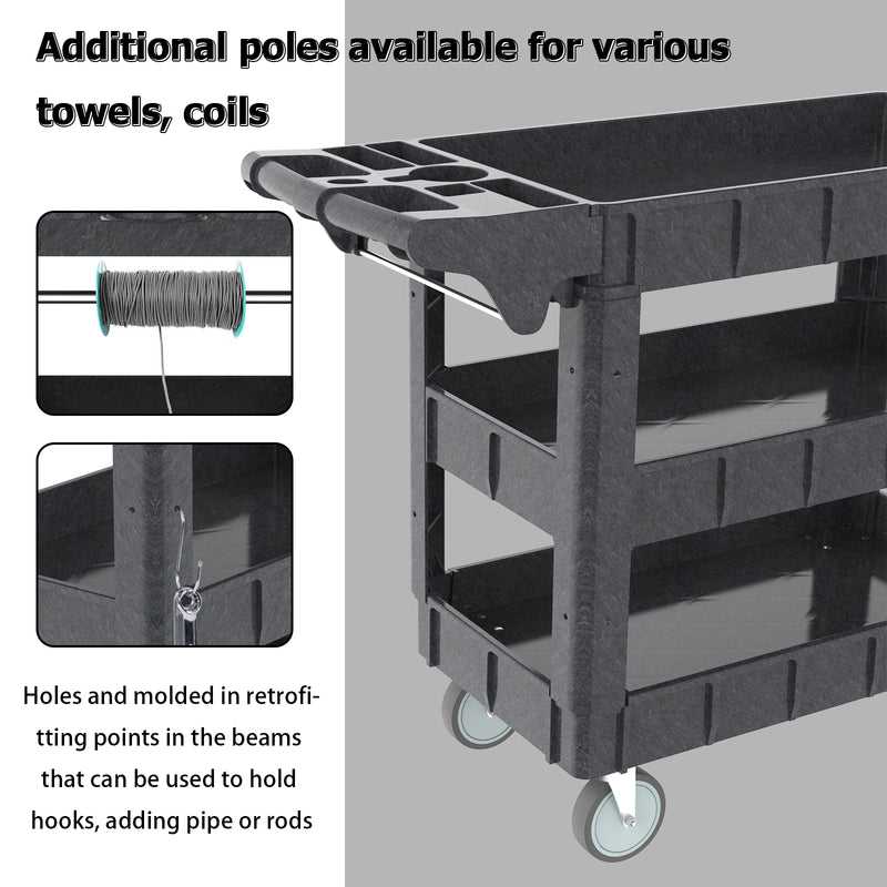 Utility Carts with Wheels 3 Shelf Heavy Duty Plastic Service Cart 600lbs Capacity Ergonomic Handle for Garage Warehouse Office Workshop