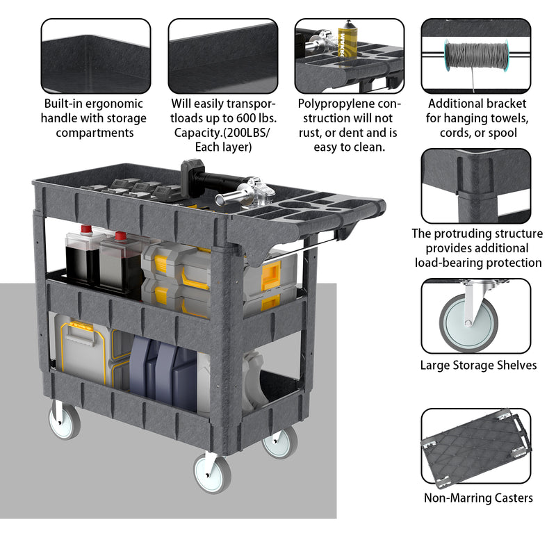 Utility Carts with Wheels 3 Shelf Heavy Duty Plastic Service Cart 600lbs Capacity Ergonomic Handle for Garage Warehouse Office Workshop