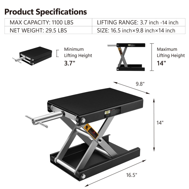 Motorcycle Lift 3.7-14 Inch Motorcycle Scissor Jack 1100 Lbs Capacity Wide Deck