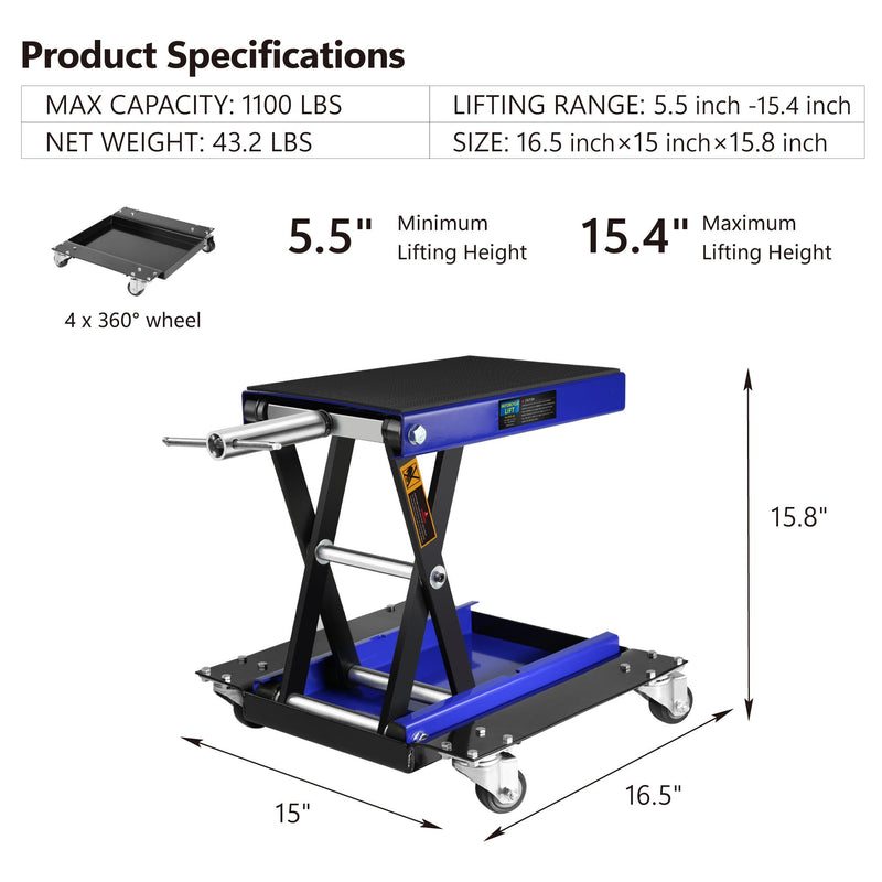 1100 lbs Steel Wide Deck Motorcycle Lift with Trolley and Hand Crank Bicycle Garage Repair Hanger