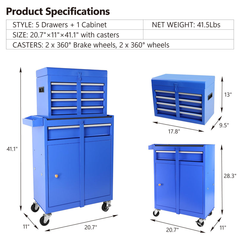 5 Drawer Rolling Tool Box with Lockable Wheels Adjustable Shelves and Non-Slip Pads Removable Tool Box Organizer