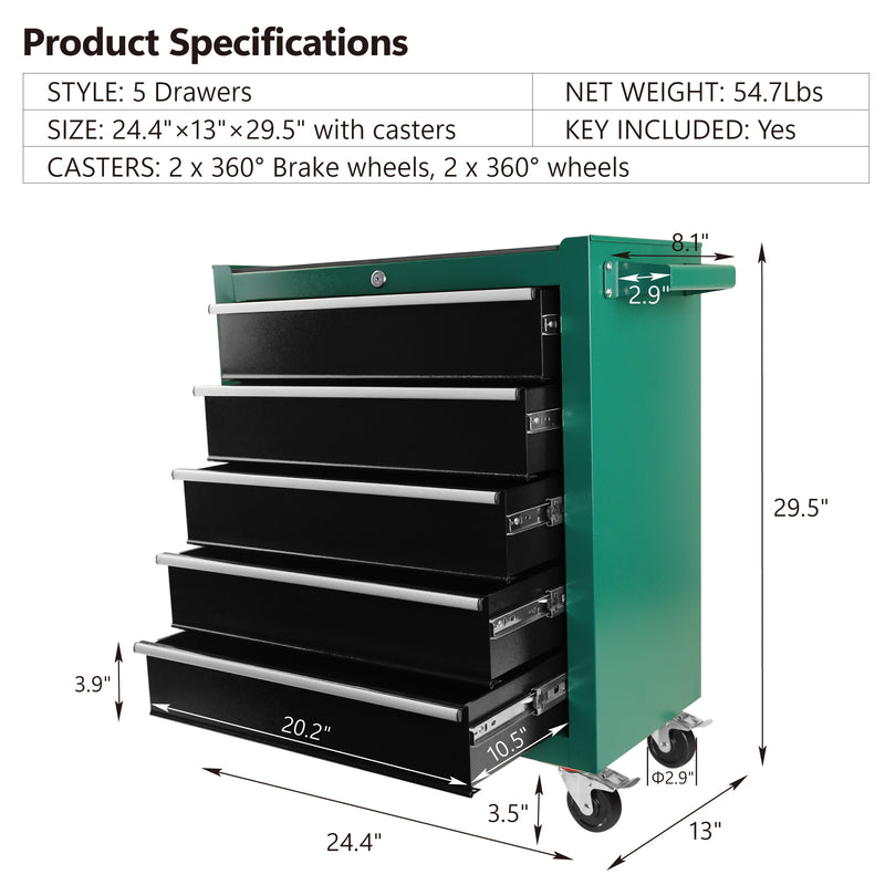 5 drawer rolling tool box, tool cabinet on wheels with key locking system and drawer liner with link buckle