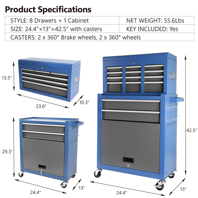 Rolling Tool Chest with Wheels 8 Drawers, Assembled Tool Cabinet Combo with Drawers, Detachable Organizer Tool Chests