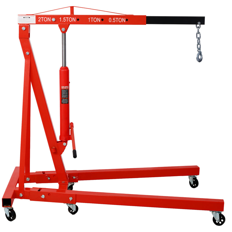 2 Ton Folding Engine Hoist Cherry Picker Heavy Duty Steel Shop Crane with 6 Iron Caster Wheels Red