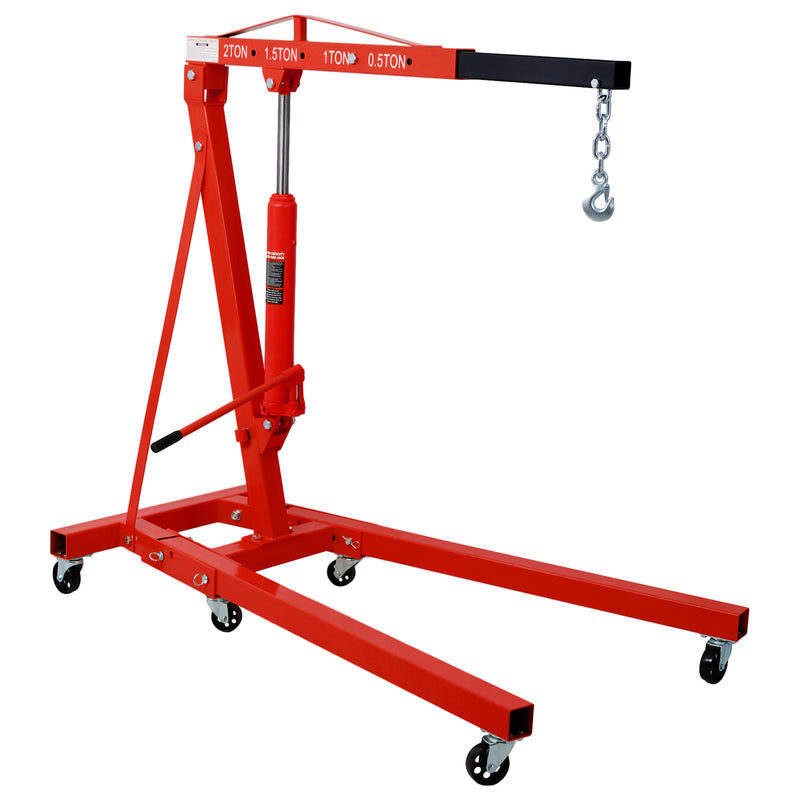 2 Ton Folding Engine Hoist Cherry Picker Heavy Duty Steel Shop Crane with 6 Iron Caster Wheels Red