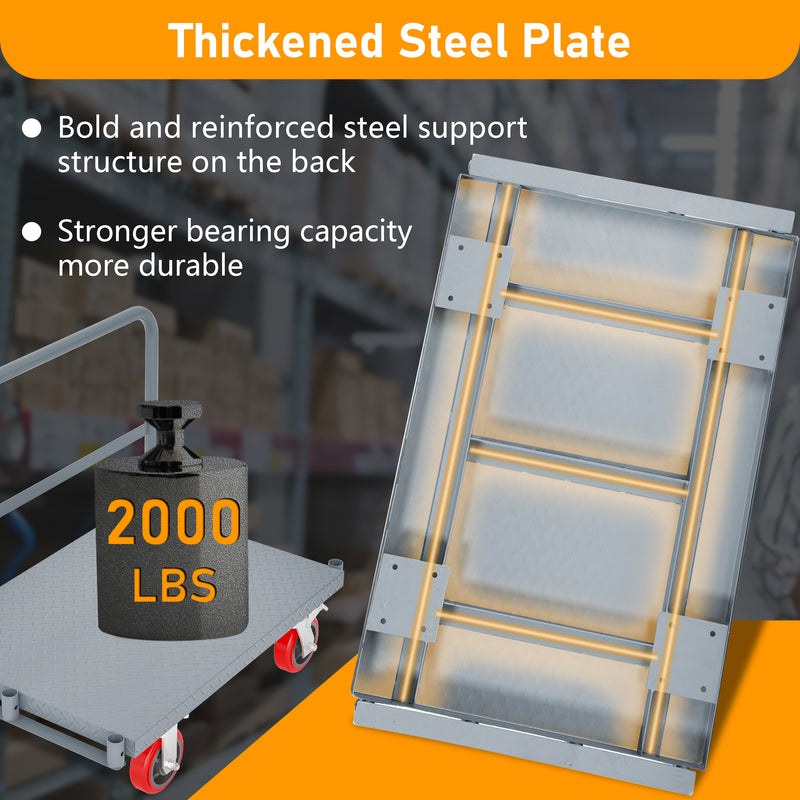 Steel Panel Truck Heavy Duty Drywall Cart Lumber Cart Platform Truck Flat Cart 2000lbs 6" Swivel Brake Casters with 3 Side Handrails  36" x 24"