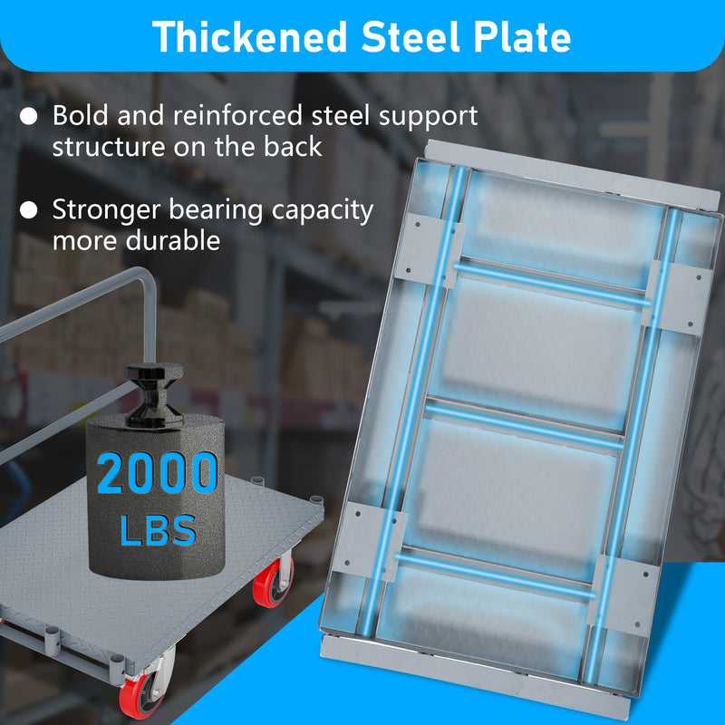 Steel Panel Truck Heavy Duty Drywall Lumber Cart Platform Flat 2000lbs 6" Swivel Brake Casters with Handrails 35" x 23"