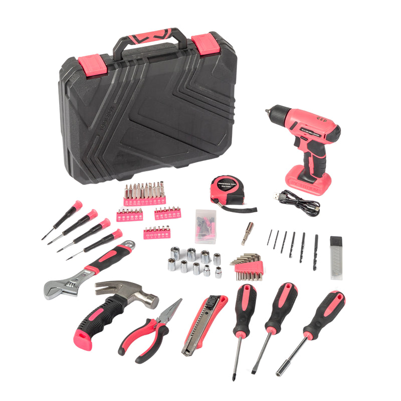 146 Piece Drill Bit Set with 8V Pink Cordless Drill, Household Tool Kit with Drill Bits for House Repair Home Maintenance