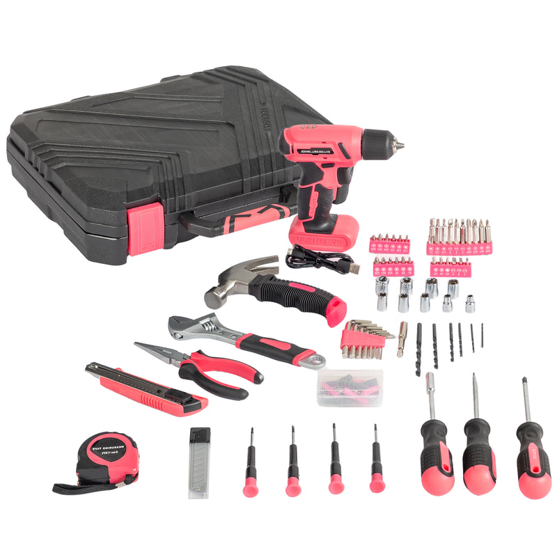 146 Piece Drill Bit Set with 8V Pink Cordless Drill, Household Tool Kit with Drill Bits for House Repair Home Maintenance