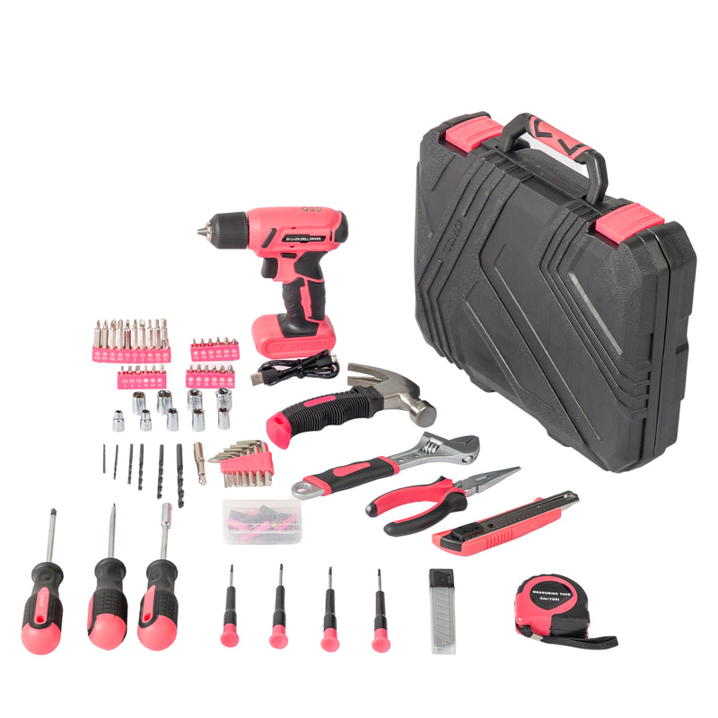 146 Piece Drill Bit Set with 8V Pink Cordless Drill, Household Tool Kit with Drill Bits for House Repair Home Maintenance