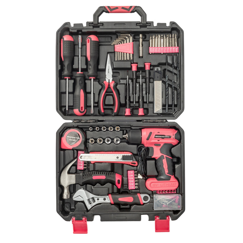 146 Piece Drill Bit Set with 8V Pink Cordless Drill, Household Tool Kit with Drill Bits for House Repair Home Maintenance