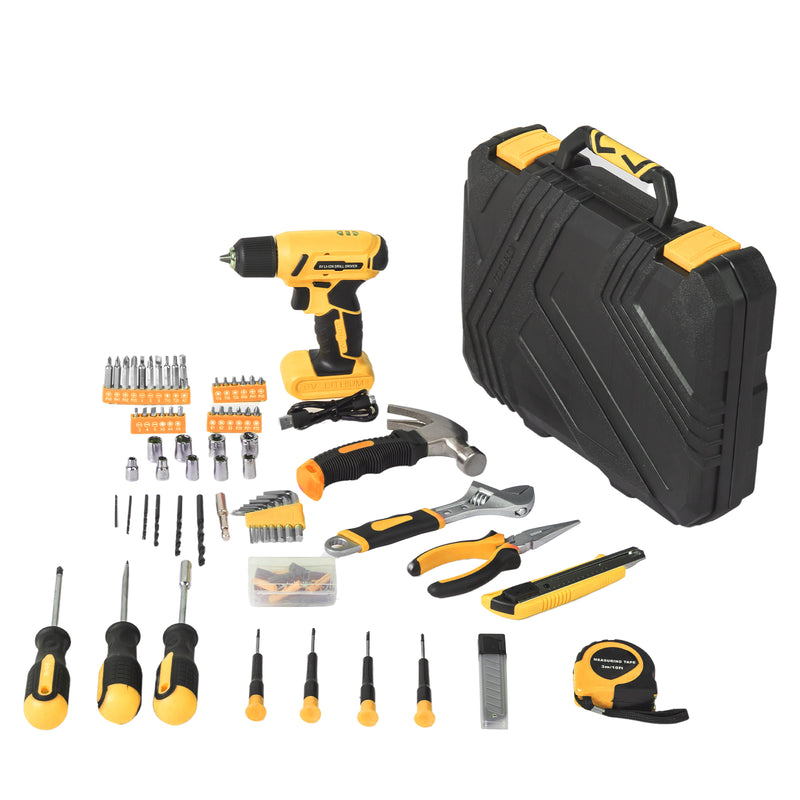 146-piece drill bit set with 8V yellow cordless drill Home tool kit with electric drill for home repairs with carrying case