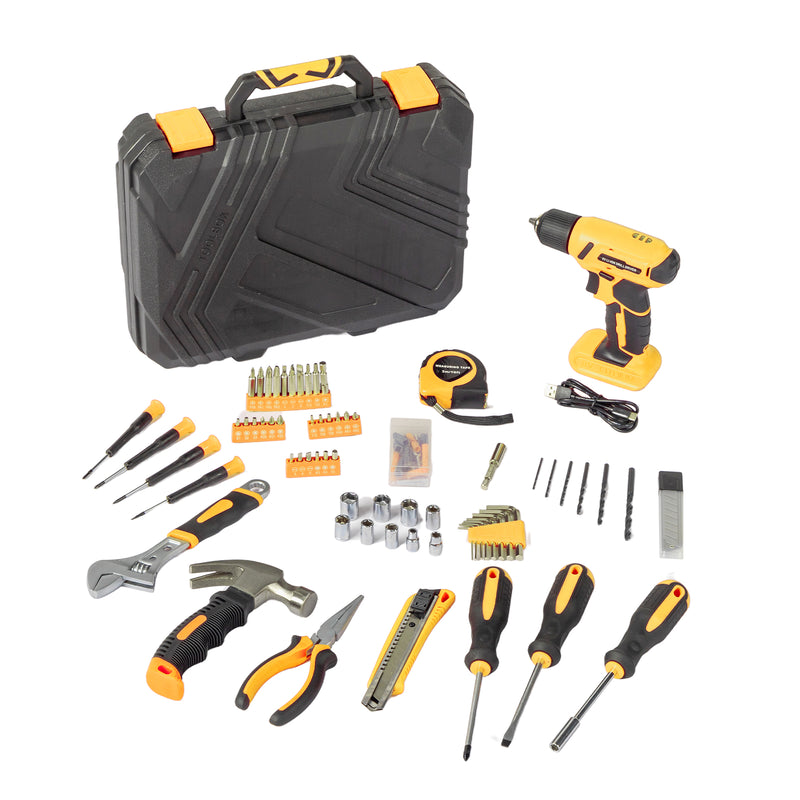 146-piece drill bit set with 8V yellow cordless drill Home tool kit with electric drill for home repairs with carrying case