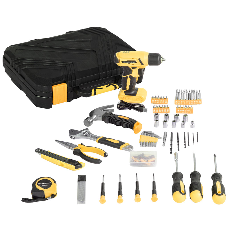 146-piece drill bit set with 8V yellow cordless drill Home tool kit with electric drill for home repairs with carrying case