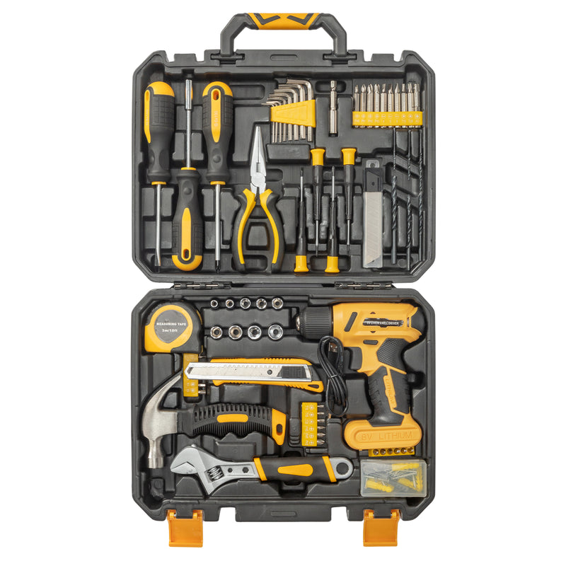 146-piece drill bit set with 8V yellow cordless drill Home tool kit with electric drill for home repairs with carrying case