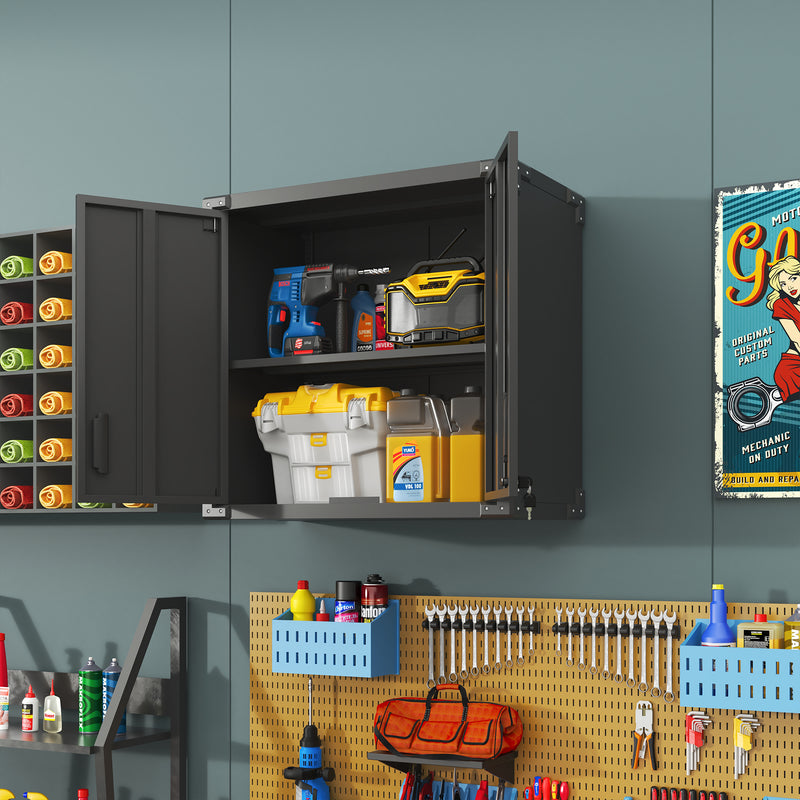 Metal Wall-Mounted Tool Storage Cabinet with 2 Locking Door 1 adjustable Shelf 1 Opened Drawer