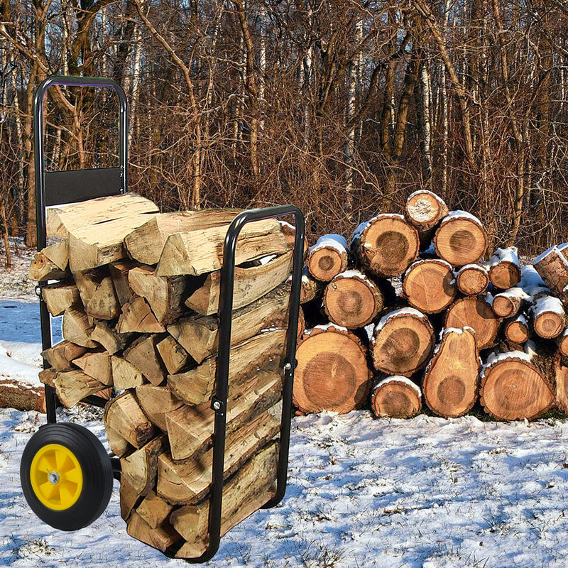 Firewood Log Cart Carrier Outdoor Indoor Black Steel Wood Rack Storage Rolling Wheeled Dolly Hauler