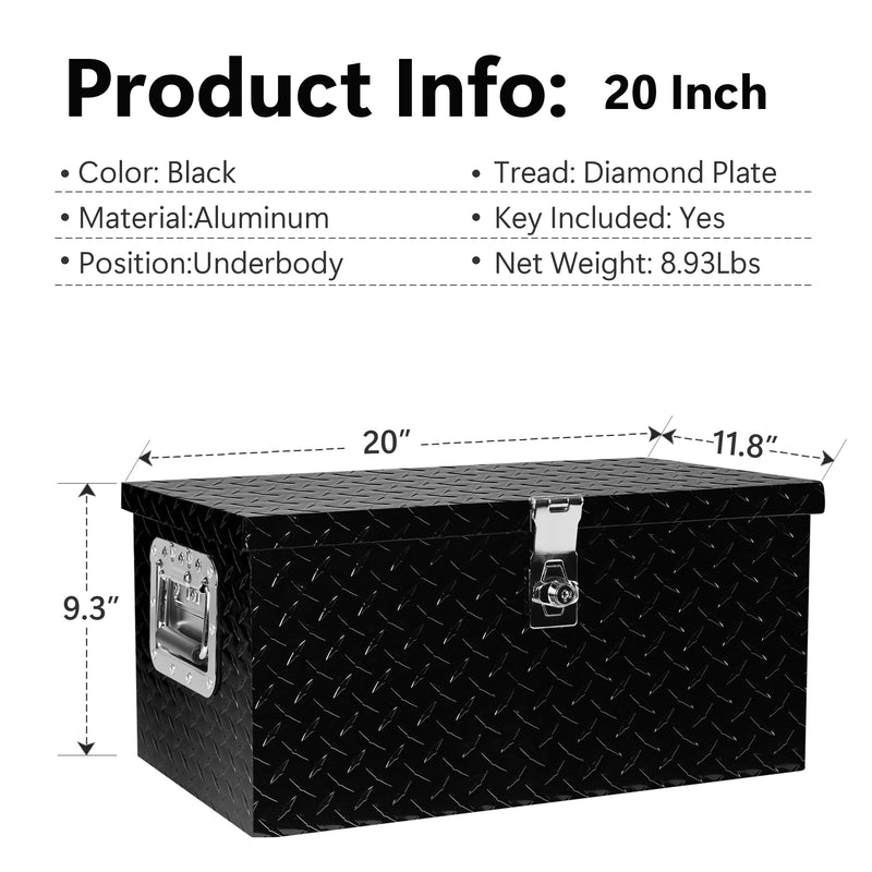 20" Black Aluminum Tool Long Box Tread Flat Box with Locking Side Handle and Key (20.1"×11.8"×9.3")